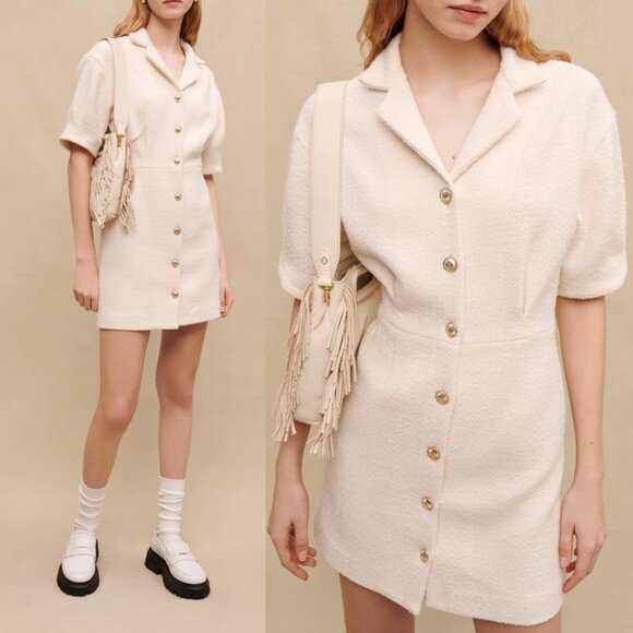 NWT Maje Raquemita Mini Dress Ecru Tweed Shirt Collar Front Button Short Sleeves - Picture 1 of 9
